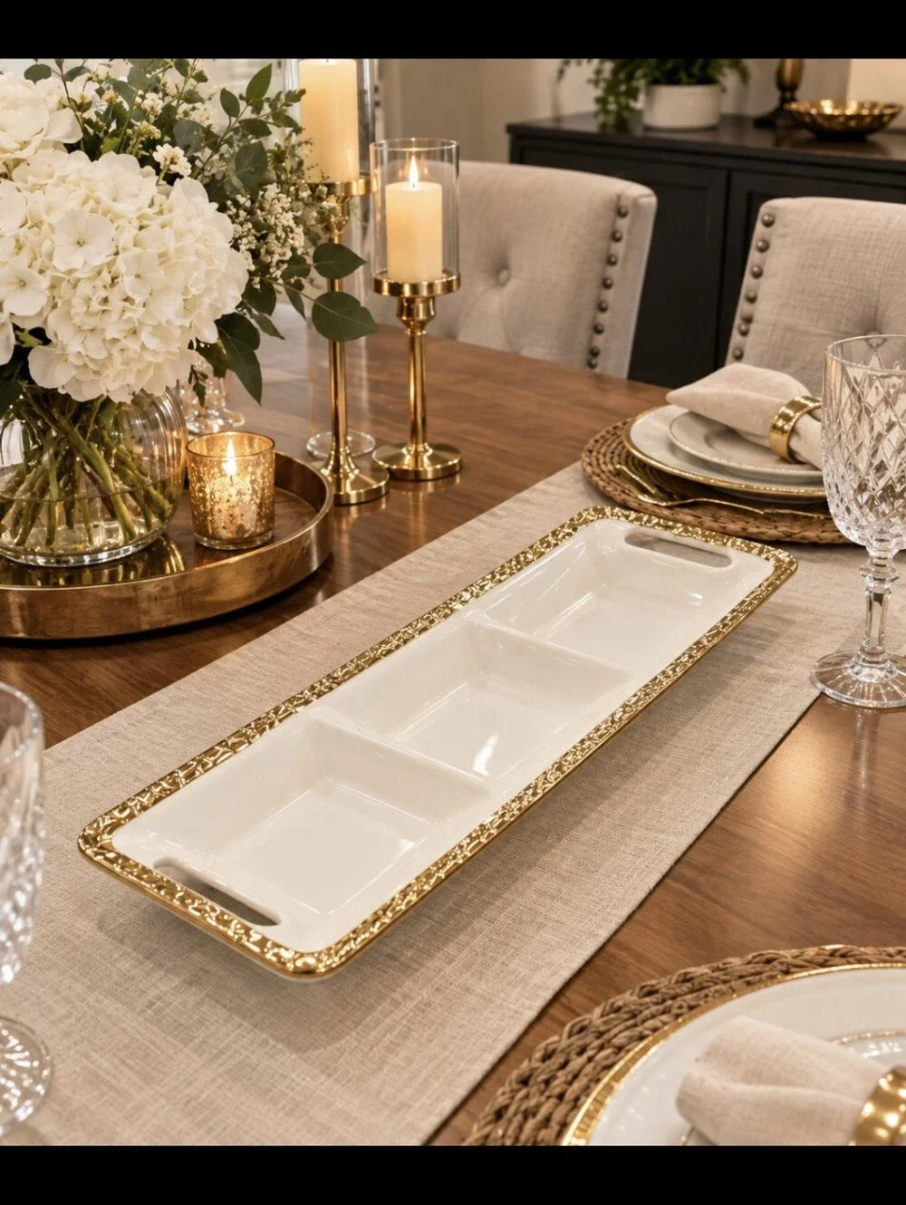 Elegant White Ceramic Divided Serving Tray with Gold Rim